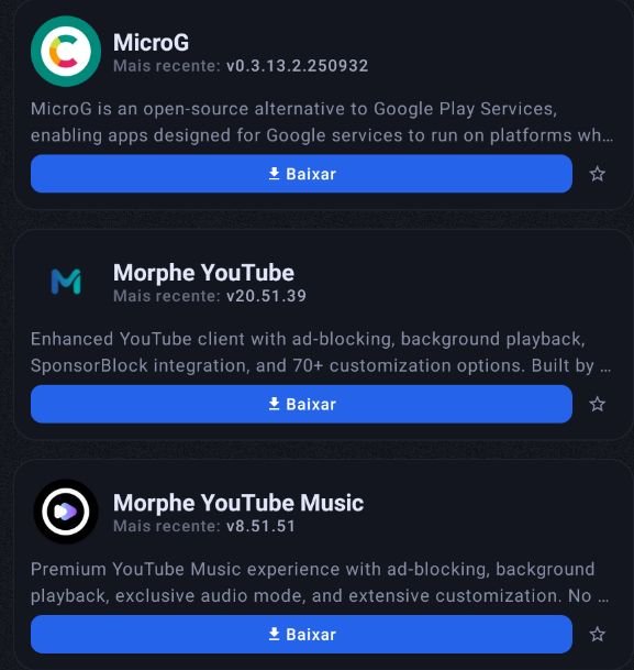 O ReVanced Manager Plus lista o MicroG, o Morphe YouTube e o Morphe YouTube Music prontos para baixar.