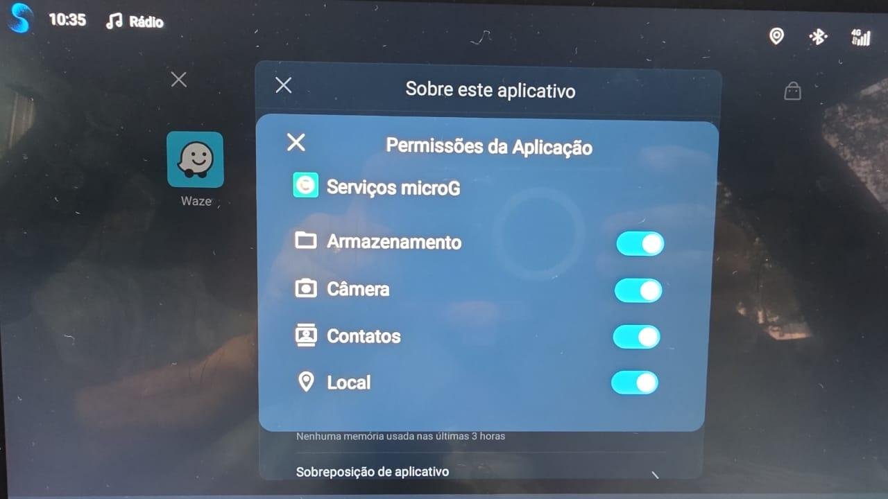 Permissões da aplicação: ligue armazenamento, câmera, contatos e local — e mais abaixo, a sobreposição de aplicativo.