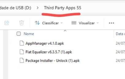A pasta “Third Party Apps 55” na raiz do pen drive, com os APKs dentro.
